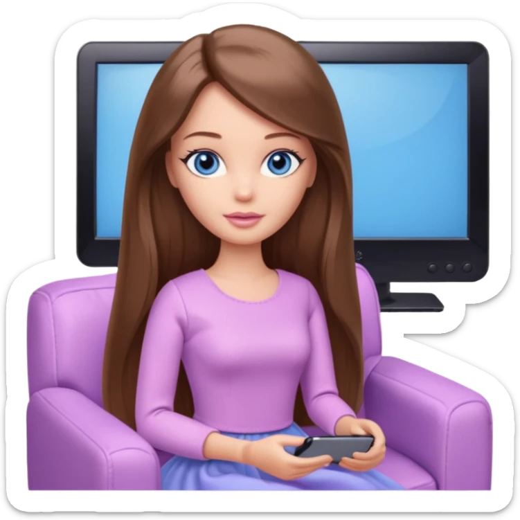 beautiful barbie girl with long brown hair, blue eyes and wearing light purple clothes watching tv shows sticker