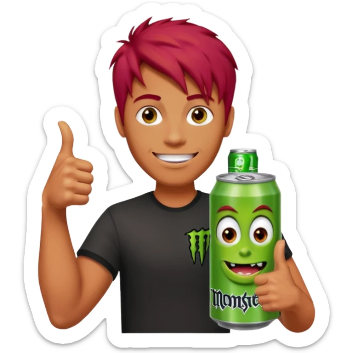 Monster energy man holding a can and a thumbs up with red hair sticker