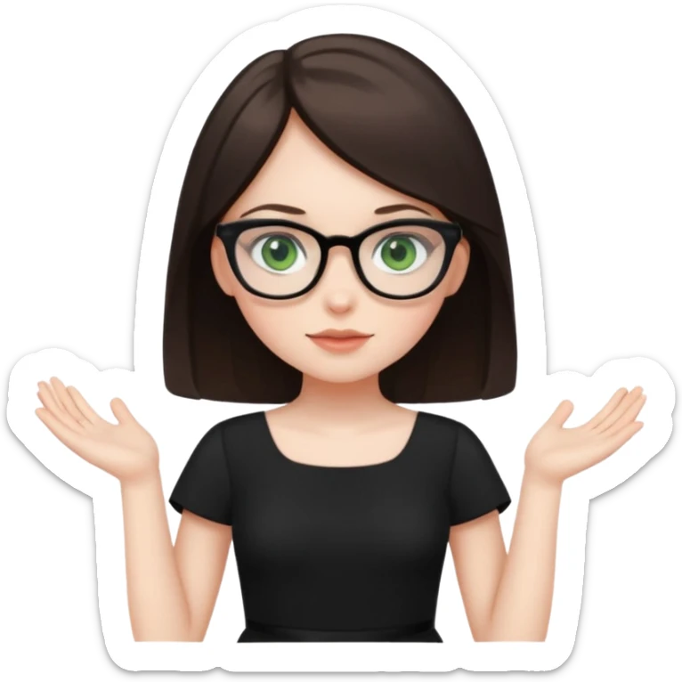 a cute white brunette girl with green eyes in a black dress wearing glasses  with two hands  sticker