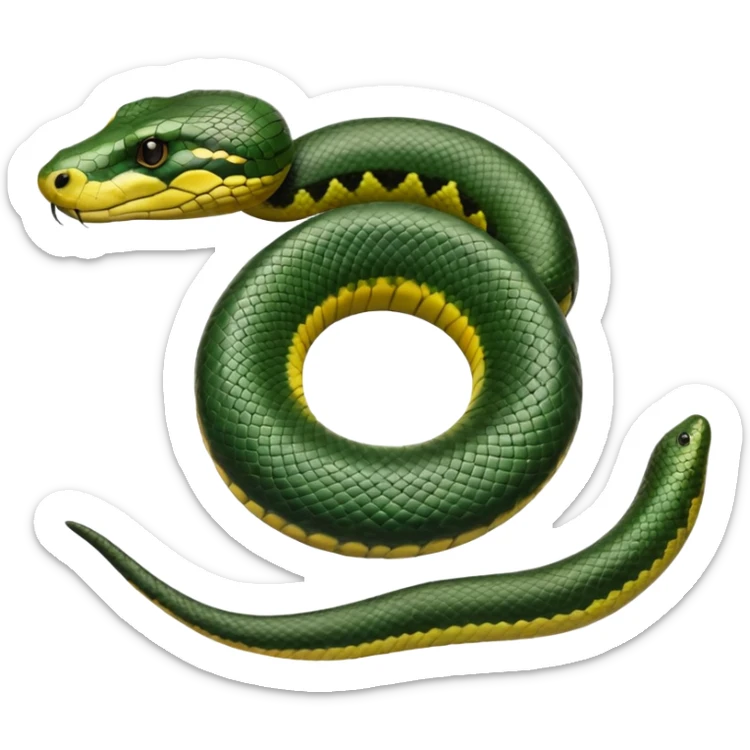 A photo-realistic top-down view of a Green Anaconda tightly coiled in a spiral, with its broad, flat head resting at the center. Its thick, muscular body is olive-green and covered in symmetrical, bold black oval spots that stand out against its smooth scales, creating striking natural camouflage. sticker