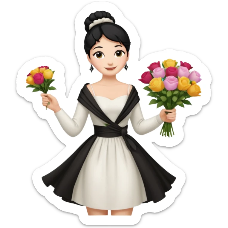 Chica blanca,cuerpo entero, vestido fiesta blanco ,manga larga ,con estola, pelo negro,    ramo de flores una mano, pelo recogido en moño alto sticker