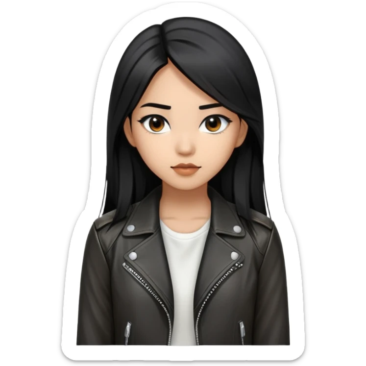 create an emoji of a 22-year-old woman, long straight black hair, black eyes with Asian features, she is brown, wears a black leather jacket with a white blouse underneath sticker