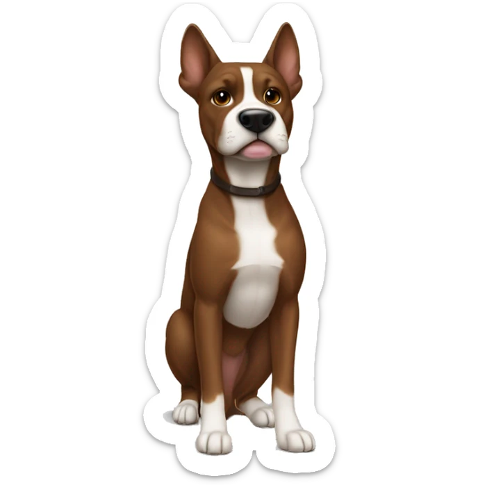 american stafforshire with ears down brown fur with dark brown straps all over his body, and a white thing on his chest and snout, but the snout one smaller sticker