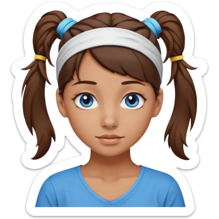 A girl with a messy ponytail, she’s tanned blue eyes and brown hair with a headband on sticker