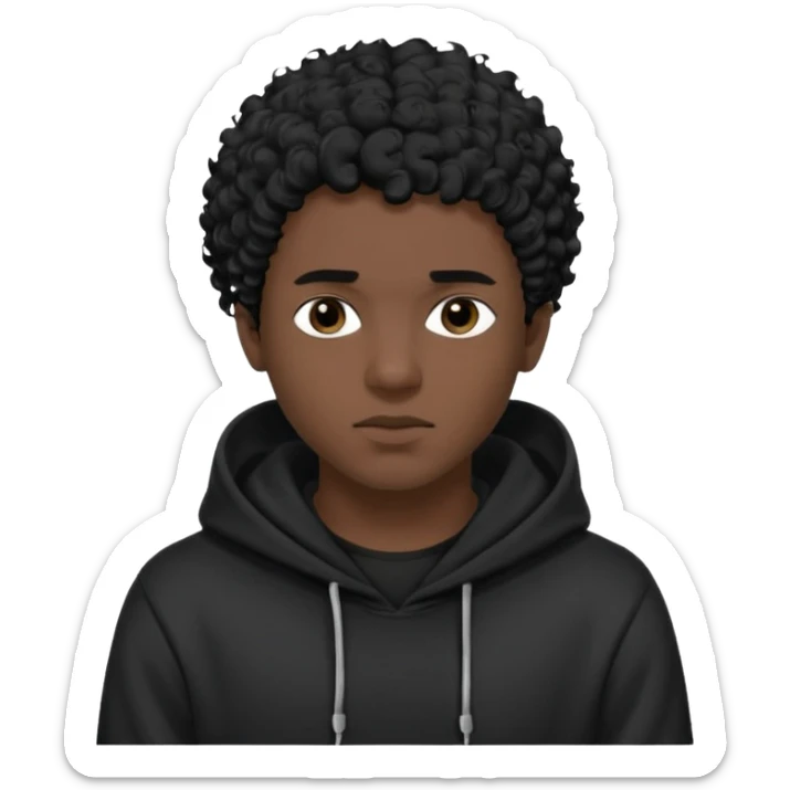 Emoji with guy with curly black hair and short quiff hairstyle, he is looking similar to music artist Central Cee, wear black t-shirt and black hoodie with hood pulled on his head. Looking straight at us, without deforming his face sticker