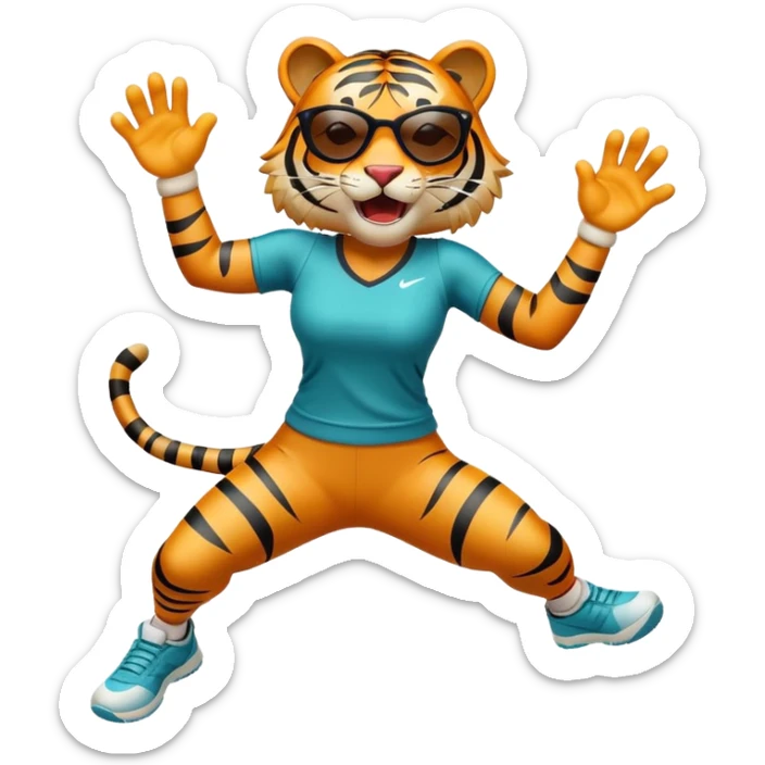 female energetic anthropomorphised tiger in sports clothes, wearing dark sunglasses, jumping with excitement sticker