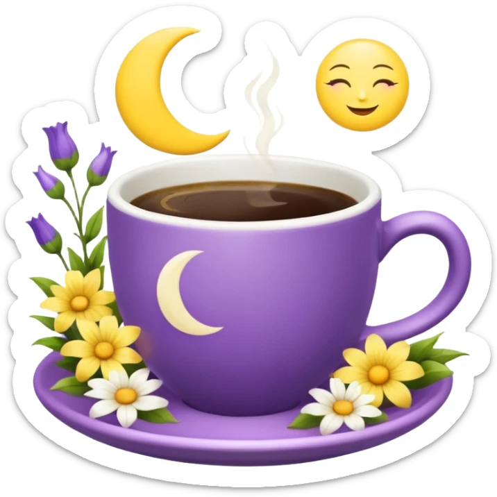 Coffee cup with a moon symbol on the cup in a garden of yellow and purple flowers  sticker