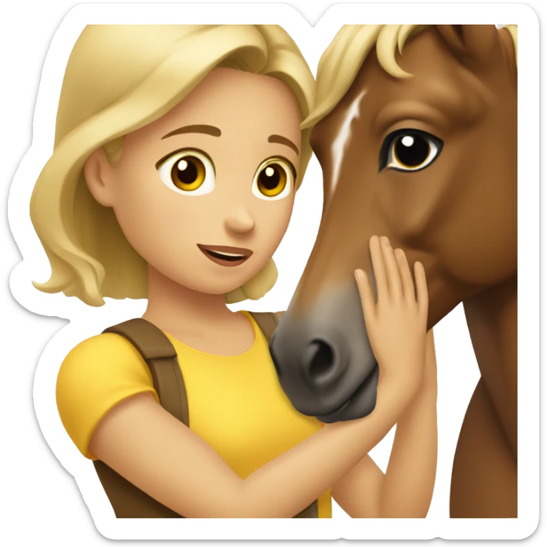 Dark blonde girl wearing sleeveless yellow shirt petting brown horse sticker
