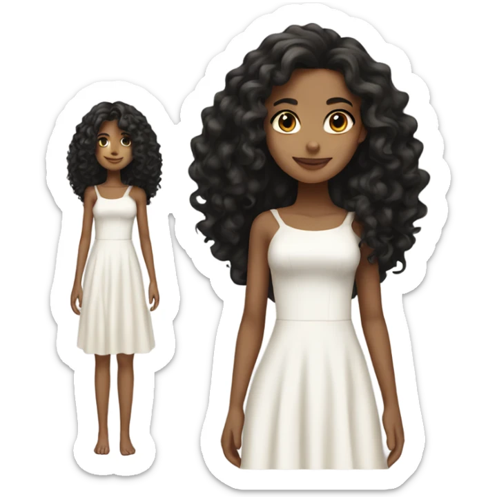 Tan girl with black long curly hair white dress full body sticker