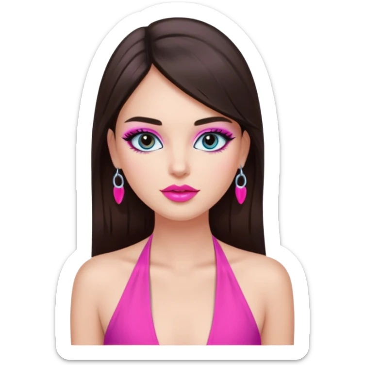 generate a pretty fair bratz girl with dark brown eyes, dark brown hair straight long. Wearing a hot pink halter neck top.  pink lipgloss. light blue eyeshadow sticker