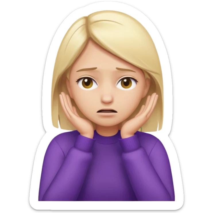 Emoji-style illustration of a frustrated young woman, smooth, shiny, perfectly styled blonde hair, wearing a purple sweater, holding her face in her hands, expressing annoyance and disappointment, cartoonish, expressive, simple lines, flat colors, clear silhouette sticker