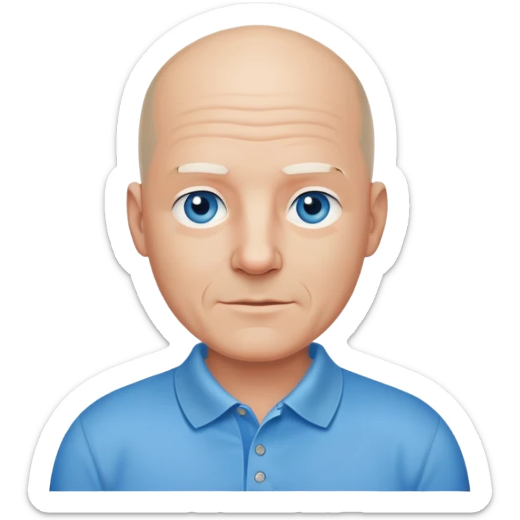 bald man, face and neck, blue eyes, kind face, polo shirt in his 60's sticker