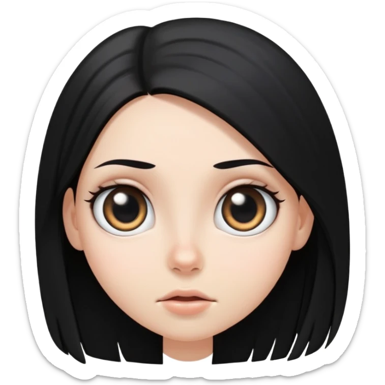 White girl face closeup with huge round eyes, long straight black hair falling in front of her bare shoulders, face closeup sticker