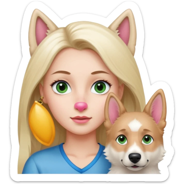 White European young woman with blue-green eyes and long blond hair with her white German Shepherd dog,the Dog has a pink nose and short fur  and Brown eyes sticker