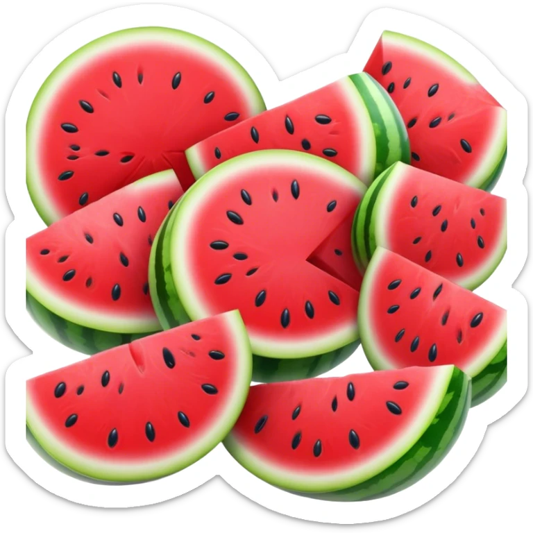 Cinematic juicy watermelon, thick slices revealing vibrant red interior, glossy and glistening with tiny black seeds, fresh and refreshing, soft glowing background, summer vibes. sticker