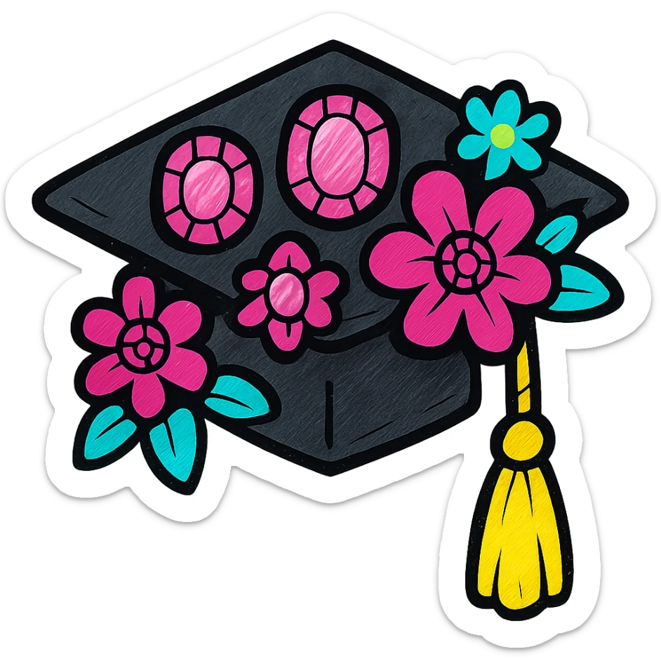 black graduation cap with rose gold gems and floral details, chic and feminine sticker