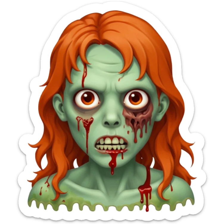 Faça com aparência de zumbi, sagrando na boca, cabelo ondulado no ombro marrom meio alaranjado nas pontas sticker