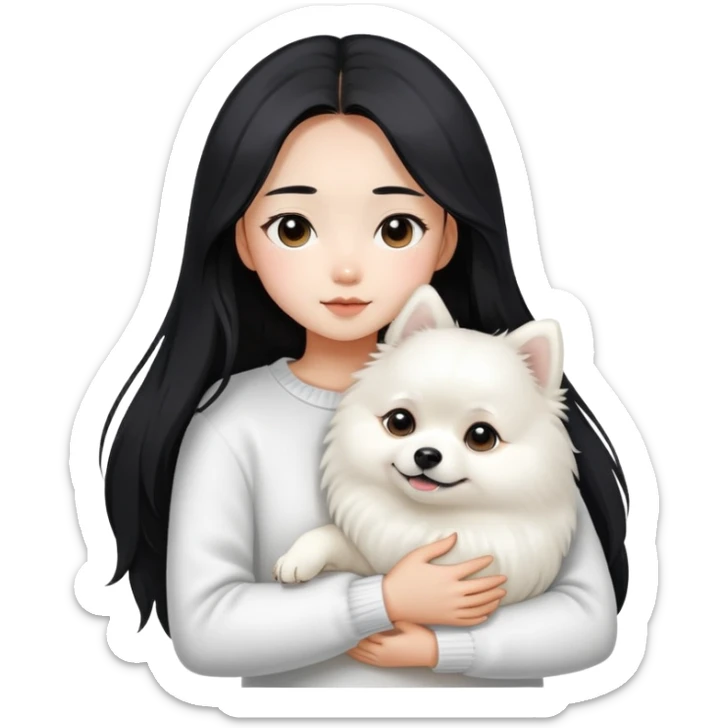 Asian girl with black middle-parted long hair wearing a white sweater hugging a white Pomeranian dog sticker