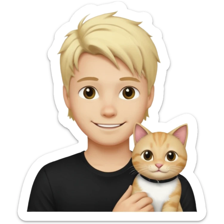 sexy boy with blond rozcuchanými hair and black t-shirt with cat  sticker