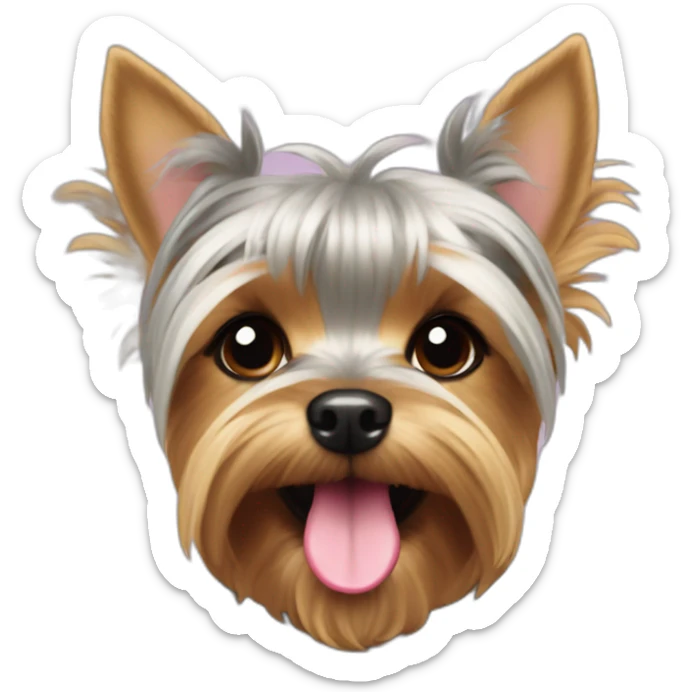 yorkshire terrier with grey hair with the tongue and two little pink hai-rbow on the head sticker
