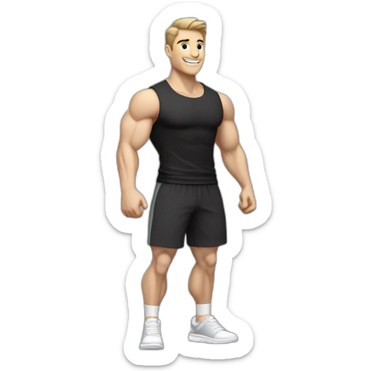 Joyful Pale skinned Fit Man With the biceps and dark brown hair in black shirt, gray sports shorts and white Sneakers sticker