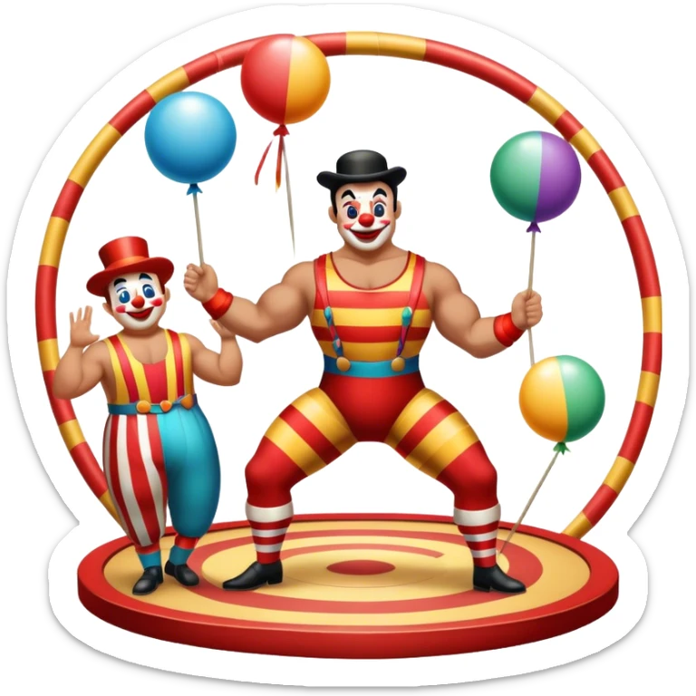 Icon for Circus Arts: a grand vibrant round circus arena with a strongman in a striped costume,  juggler and a clown performing. The icon should convey the excitement and fun of circus performances, with focus on the performers and the colorful setting. Transparent background. sticker