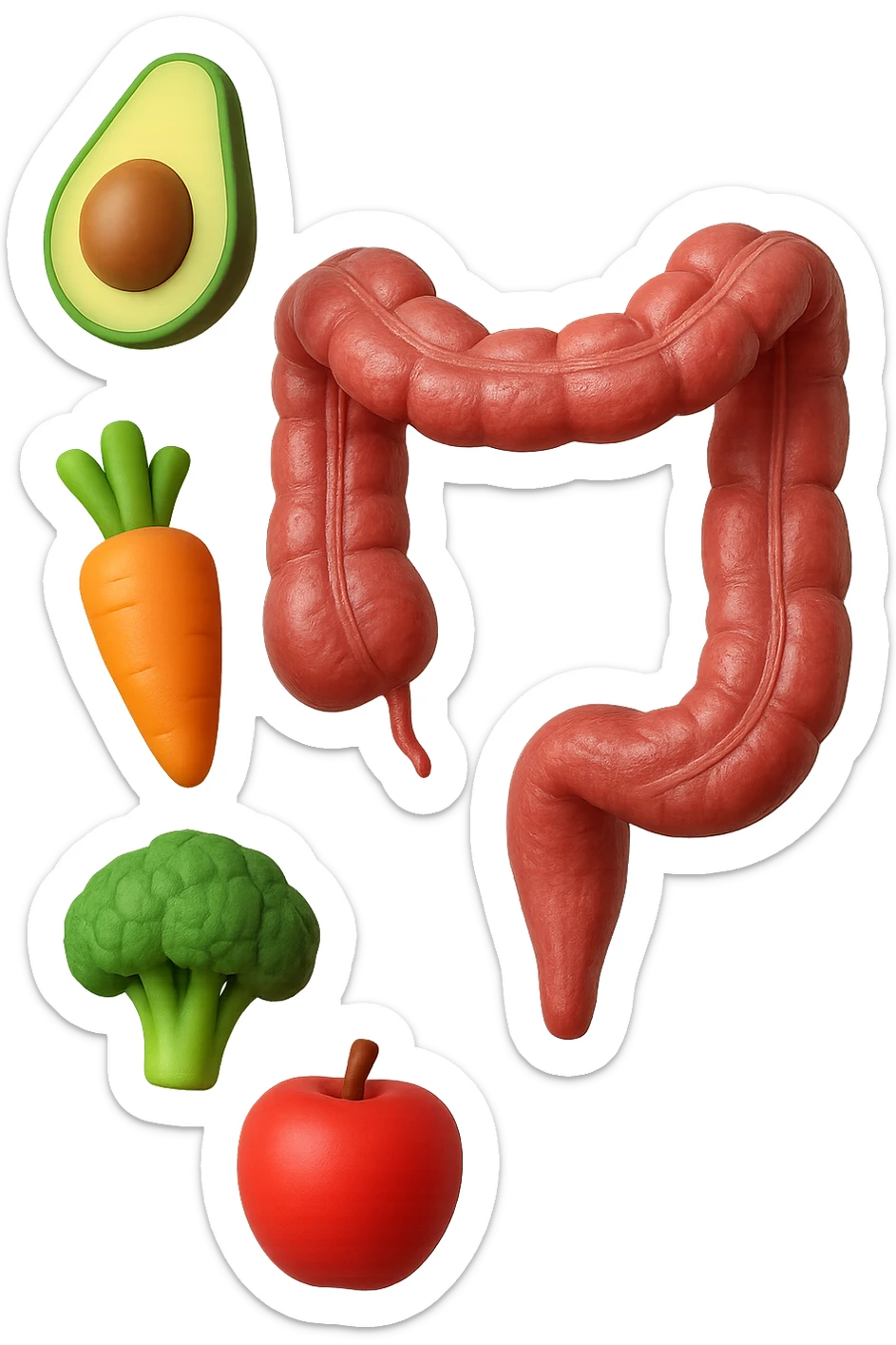 emoji stile iphone in 3d di cibo sano che fluttua in aria vericalmente insieme a pezzi di colon umano anatomico, iperrealistico 4k sticker