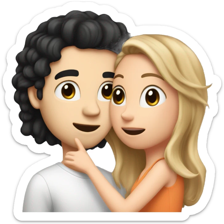 A white girl with a black hair square kisses a tall white guy with brown hair. There are peaches all around sticker