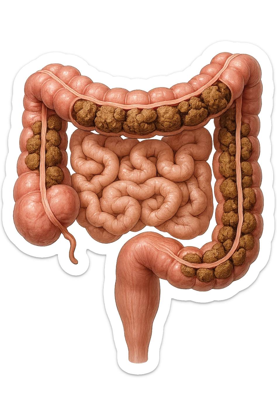 intestino umano anatomico con colon pieno di feci spezzettate, iperrealistica 4k sticker