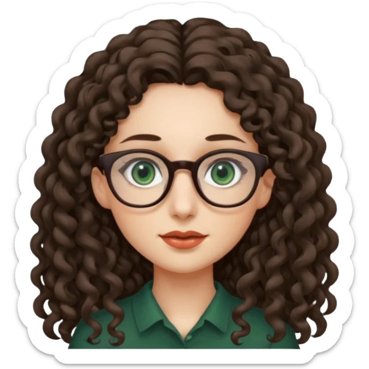 rapariga, olhos verdes escuros, cara comprida, cabelos muito compridos aos caracóis, com óculos sticker