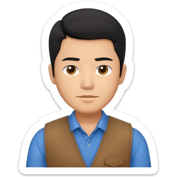 A Asian man with black hair and a blue shirt on wear a brown vest sticker