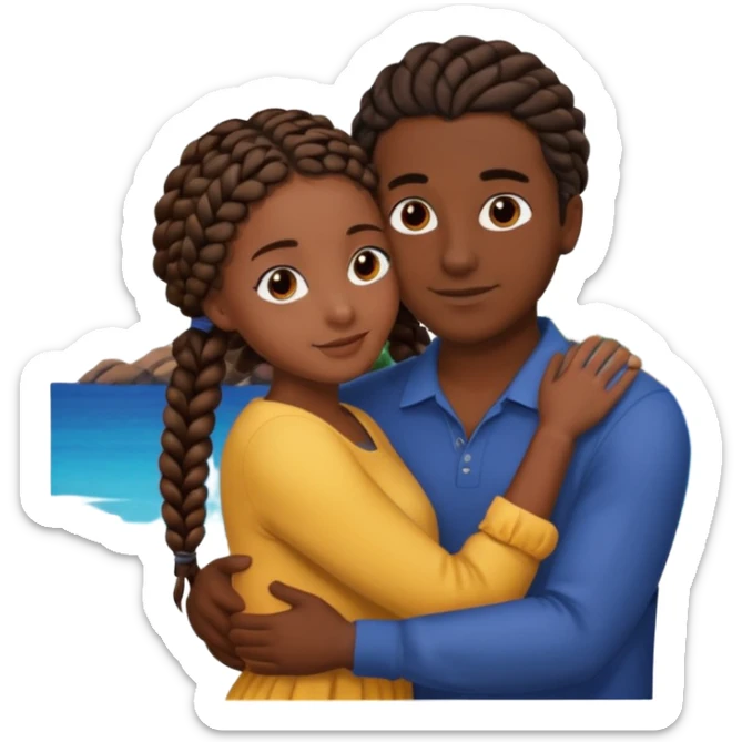 dark skin, black girl with black and brown braids, hugging her Mediterranean boyfriend with brown hair and dark skin sticker