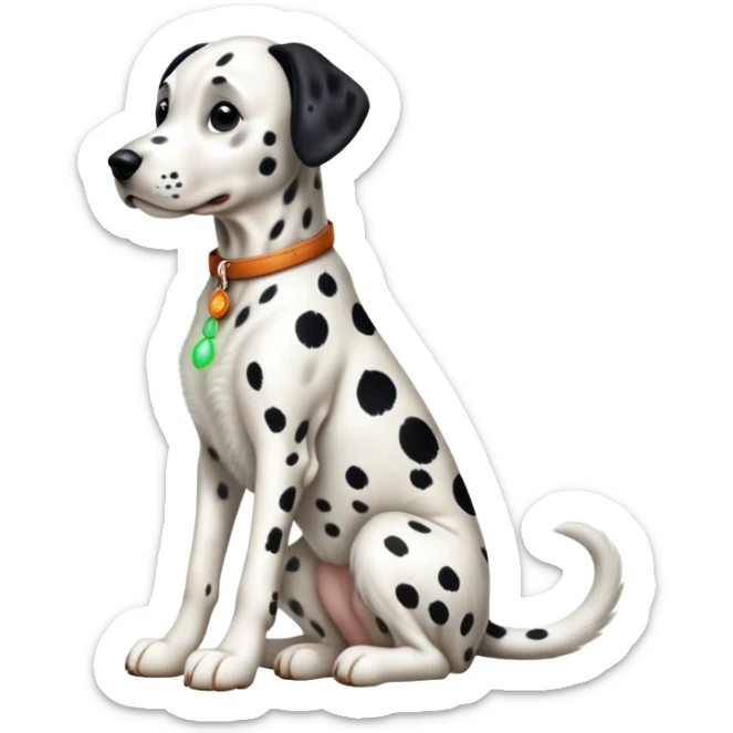 cinematic-[dalmatian dog]-realistic-full-body-sitting-emoji,-tail-resting-loosely-beside-its-paws,-head-tilted-dramatically,-sleek-[spotted]-fur,-simplified-yet-realistic-focused-features,-highly-detailed,-glowing-with-an-almost-sarcastic-glow sticker