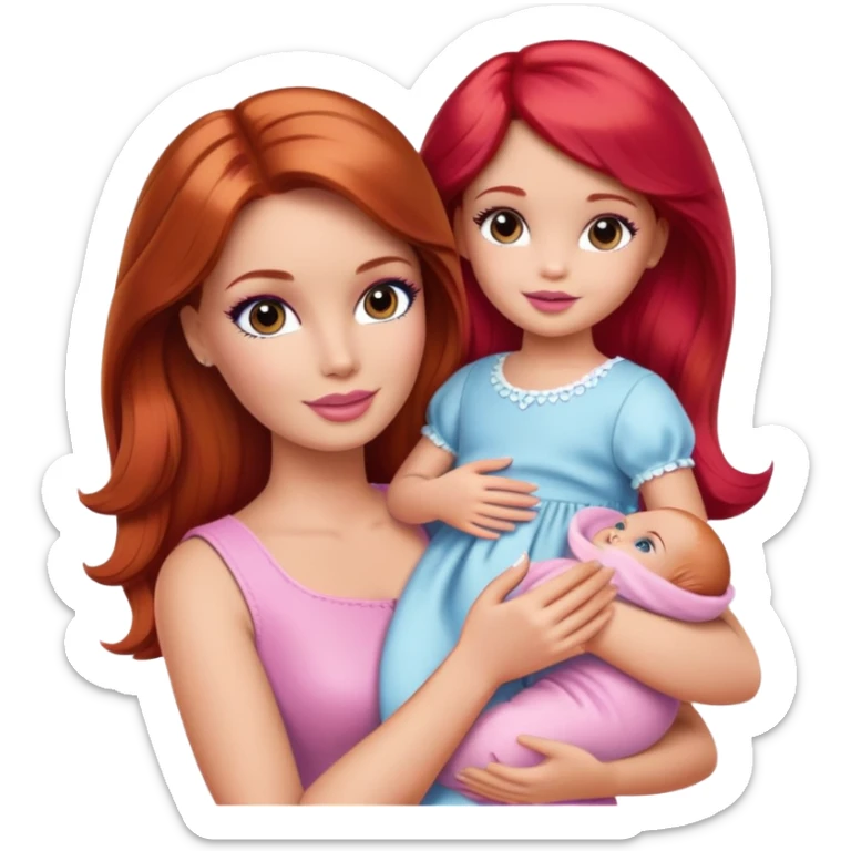 Barbie girl with makeup with brown hair with baby daughter girl with red hair by the hand sticker