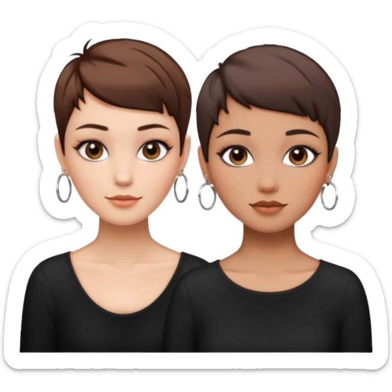 Puerto Rican fair skin straight brown pixie cut hair with hoop earrings make up and my best friend brown  colored pixie cut with jewelry and makeup on her face besties side-by-side wearing black  sticker