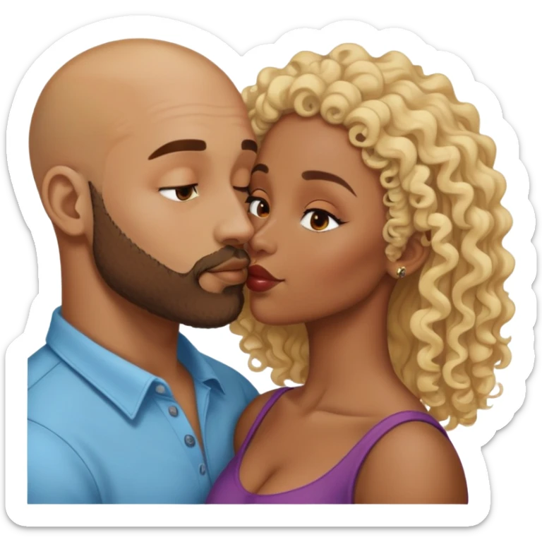 bald head man with beard kissing African woman with curly blonde hair sticker