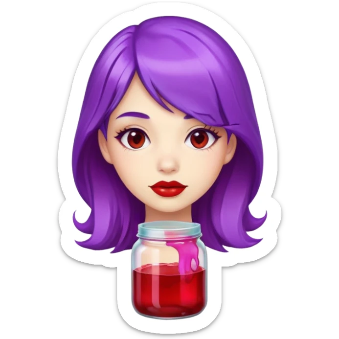 Purple haired girl with red lipstick Wearing a jar of jelly costume sticker