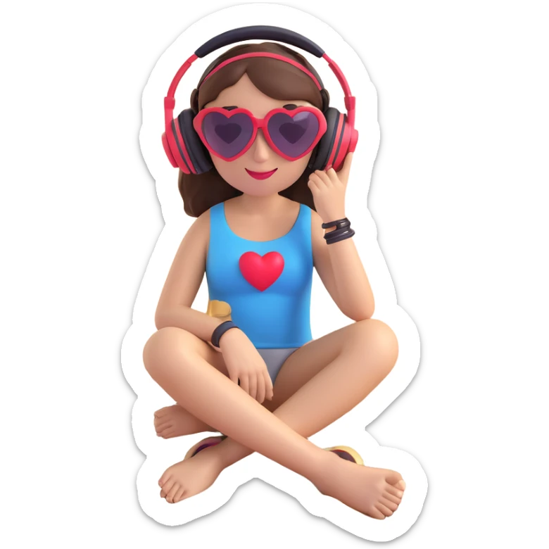 emoji style: brunette girl on sand, heart-shaped sunglasses, headphones sticker