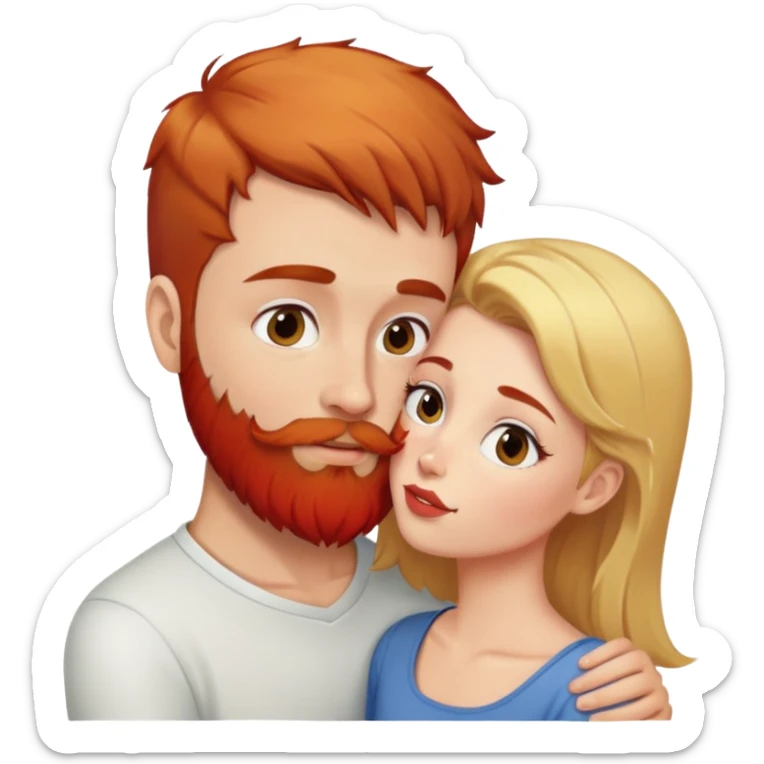 Girl with short brown hair kissing man with blonde hair and red beard. sticker