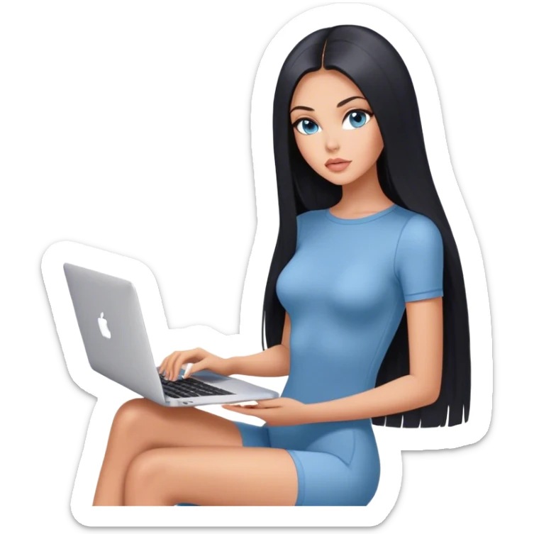 Glamours tanned very beautiful girl with pump peach nude lips and black straight smooth long hair, blue-grey eyes in beautiful short sleeves bodysuit with MacBook sticker