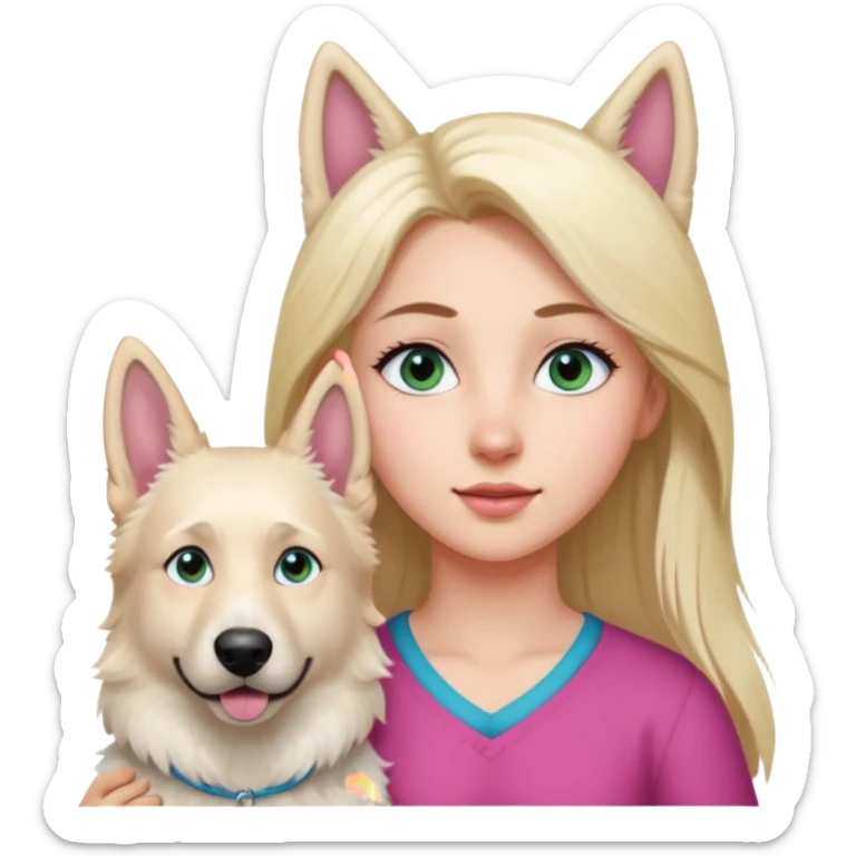 White European young woman with blue-green eyes and long blond hair with her white German Shepherd dog,the Dog hast a pink nose and short fur  and Brown eyes sticker