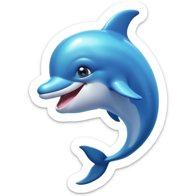 Cinematic Cheeky Dolphin Portrait Emoji, With a playful tilt of its head and a mischievous sparkle in its eyes, showcasing a sleek, shiny body accented by a quirky, animated smile and a cheeky wink, Simplified yet hilariously endearing features, highly detailed, glowing with a vibrant, sassy aquatic glow, high shine, spirited and fun, stylized with an air of quirky marine mischief, soft glowing outline, capturing the essence of a super cute dolphin that looks ready to splash its way into viral fame with playful charm! sticker