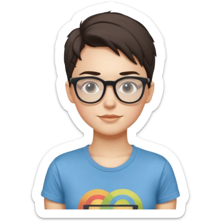 gender neutral person, chest up, wearing a graphic t-shirt and hip glasses, friendly expression sticker