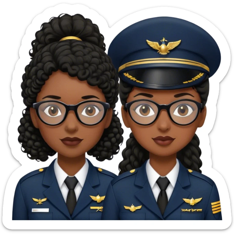 femme pilote d'avion en uniforme noir aux cheveux bouclés noir et petites lunettes arrondis identique avec des cheveux très long et la peau noir mais légèrement plus claire avec les cheveux attachés in a ponytail. 1 seule personne, cheveux moins épais  sticker