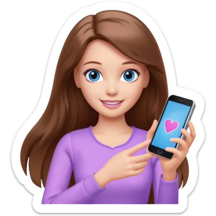 beautiful barbie girl with long brown hair, blue eyes and wearing light purple clothes playing games sticker