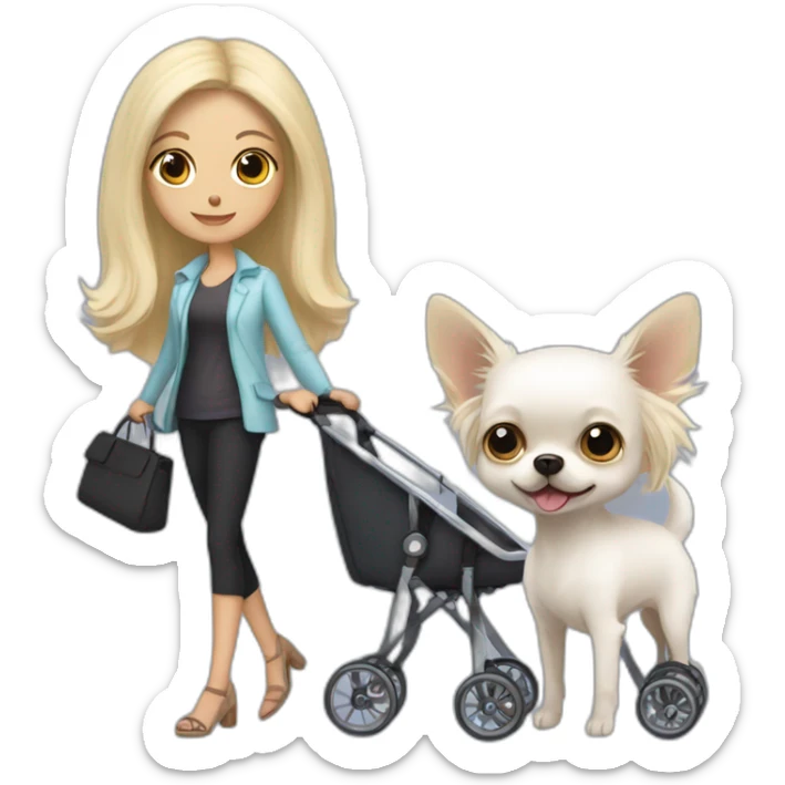 Longhair white chihuahua in a stroller next to woman with long dark hair and woman with short blonde hair sticker