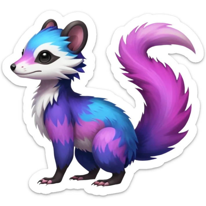 Colorful diaphanous Trico-Sergal-Skunk-Ferret-Furret-Marsupial-Vernid-fusion-Fakemon-animal-hybrid-creature, full body sticker