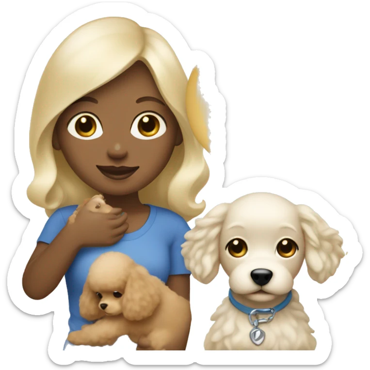 Blonde lady with blue eyes, straight hair  holding poodle puppy cream  sticker
