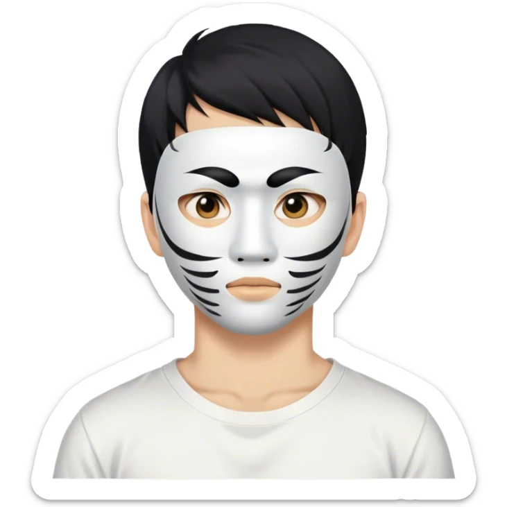 a guy with black hair in a Japanese mask on half his face in a white T-shirt with Japanese characters sticker