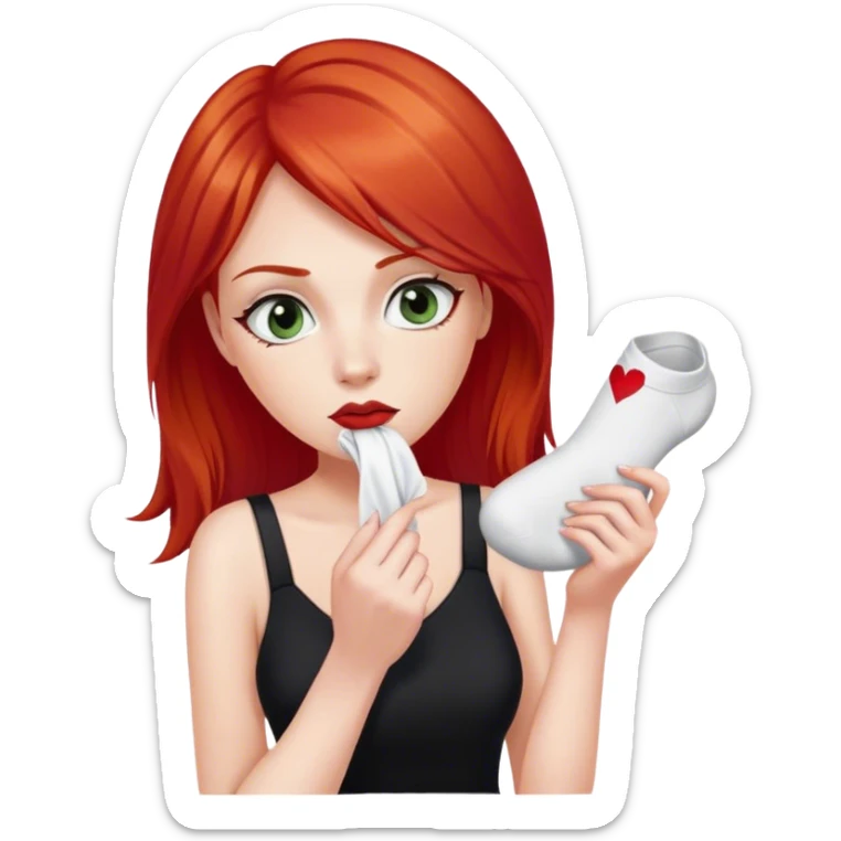 a woman with red hair and red eyes sniffing a white sock. The woman wear a black  dress sticker